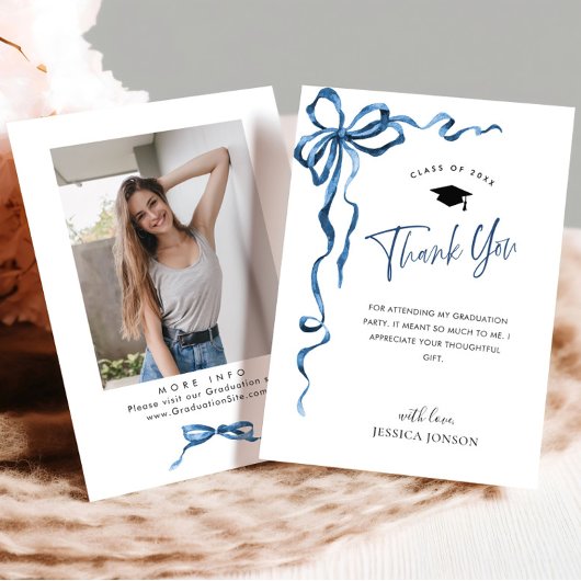 Trendy Blue Bow Coquette FOTO Afstuderen Bedankkaart