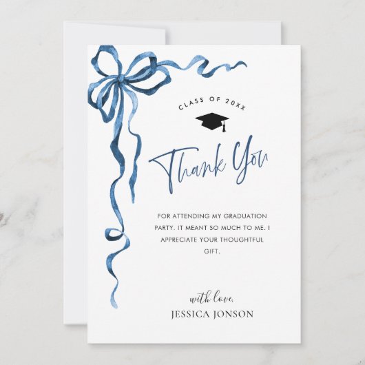 Trendy Blue Bow Coquette FOTO Afstuderen Bedankkaart (Voorkant)