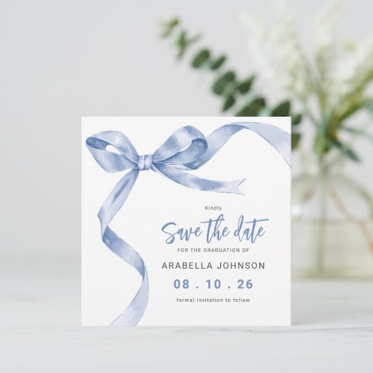 Trendy Blue Bow Graduation Save The Date (Staand voorkant)