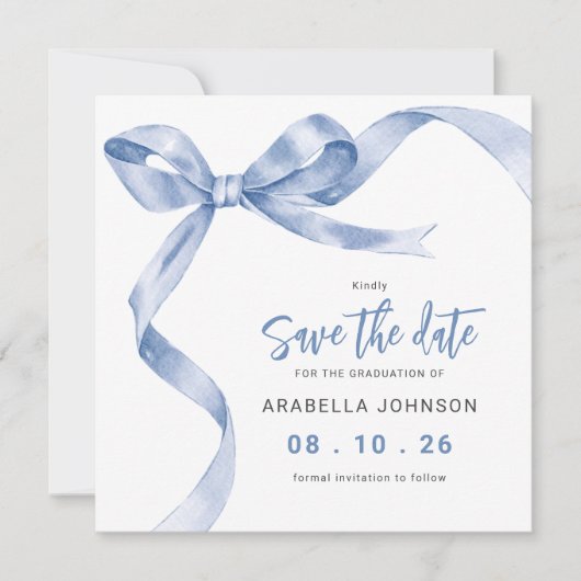 Trendy Blue Bow Graduation Save The Date (Voorkant)