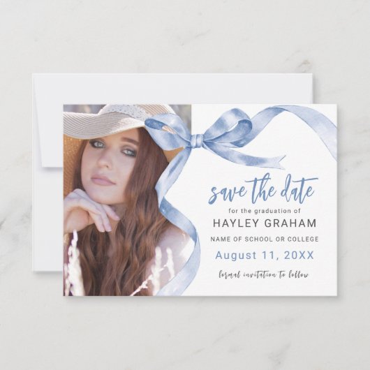 Trendy Blue Bow Photo Graduation Save The Date (Voorkant)
