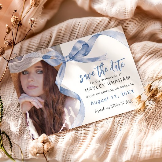 Trendy Blue Bow Photo Graduation Save The Date