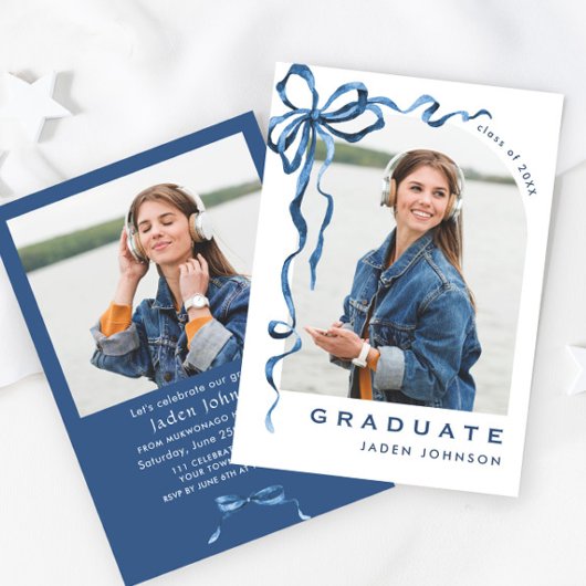Trendy Blue Bow Ribbon 2 FOTO Afstudeerfeest Kaart