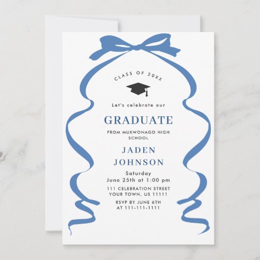 Trendy Blue Bow Ribbon 3 FOTO Afstudeerfeest Kaart (Voorkant)
