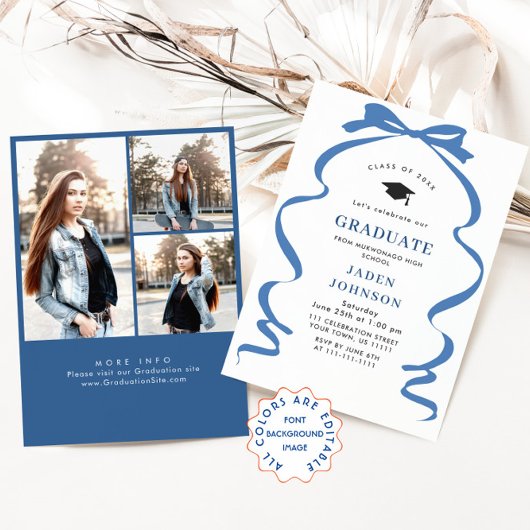 Trendy Blue Bow Ribbon 3 FOTO Afstudeerfeest Kaart