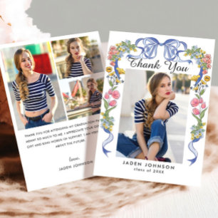 Trendy Blue Bow Ribbon 4 FOTO Afstudeerfeest Bedankkaart