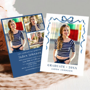 Trendy Blue Bow Ribbon 4 FOTO Afstudeerfeest Kaart