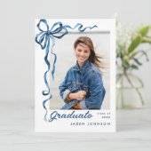 Trendy Blue Bow Ribbon 4 FOTO Afstudeerfeest Kaart (Staand voorkant)