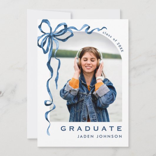 Trendy Blue Bow Ribbon 4 FOTO Afstudeerfeest Kaart (Voorkant)