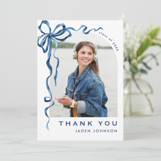 Trendy Blue Bow Ribbon 4 FOTO Afstuderen Bedankkaart (Staand voorkant)