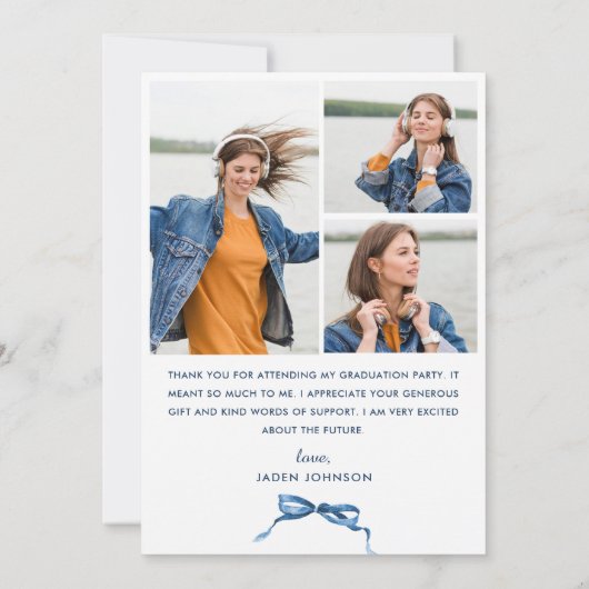 Trendy Blue Bow Ribbon 4 FOTO Afstuderen Bedankkaart (Achterkant)