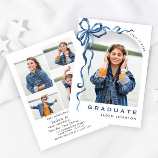 Trendy Blue Bow Ribbon 5 FOTO Afstudeerfeest Kaart