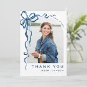 Trendy Blue Bow Ribbon 5 FOTO Afstuderen Bedankkaart (Staand voorkant)