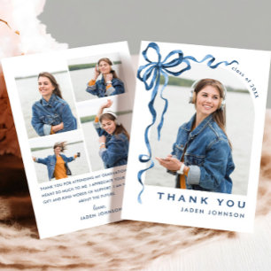 Trendy Blue Bow Ribbon 5 FOTO Afstuderen Bedankkaart