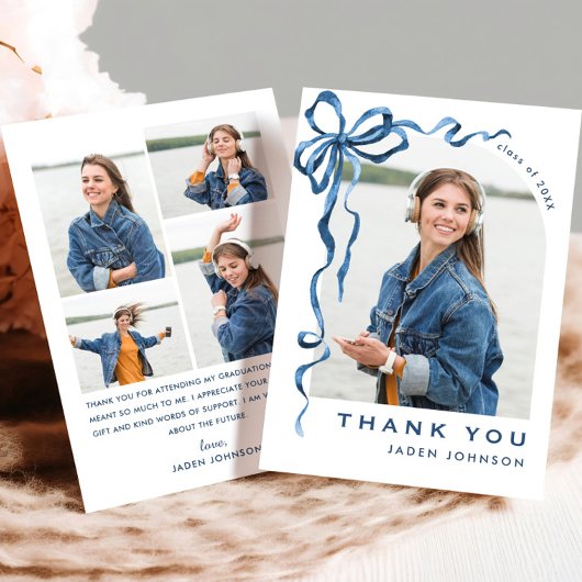 Trendy Blue Bow Ribbon 5 FOTO Afstuderen Bedankkaart