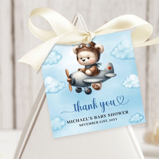 Trendy Blue Brown Teddy Bear Aviator Baby Shower Bedankjes Labels
