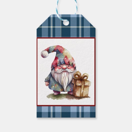 Trendy Blue Buffalo Plaid Waterverf Gnome Vakantie Cadeaulabel (Voorkant)