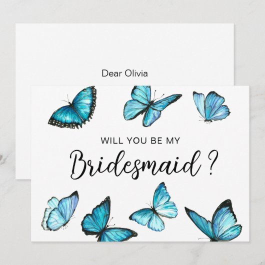 Trendy Blue butterflies. Zal je mijn Bridesmaid zi Kaart (Voorkant / Achterkant)