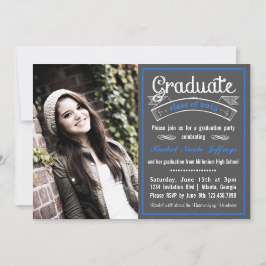 Trendy Blue Chalkboard Typography Afstuderen Kaart (Voorkant)