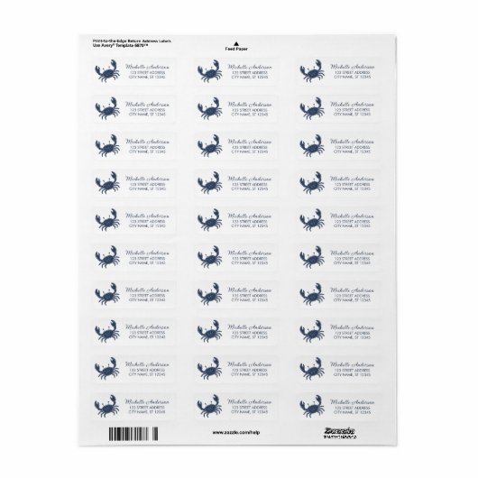 Trendy Blue Crab Nautical Return Address Label (Full Sheet)