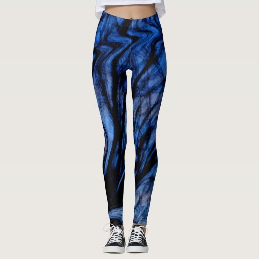 Trendy Blue en Black Abstract Swirl Design Leggings (Voorkant)