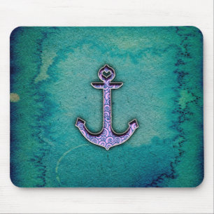 Trendy Blue en blauwgroen waterverf Heart Anchor Muismat