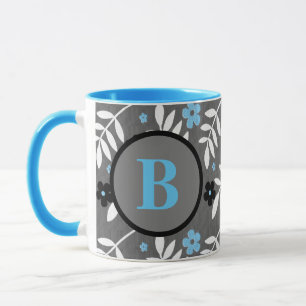 Trendy Blue en Gray Floral Monogram Mok