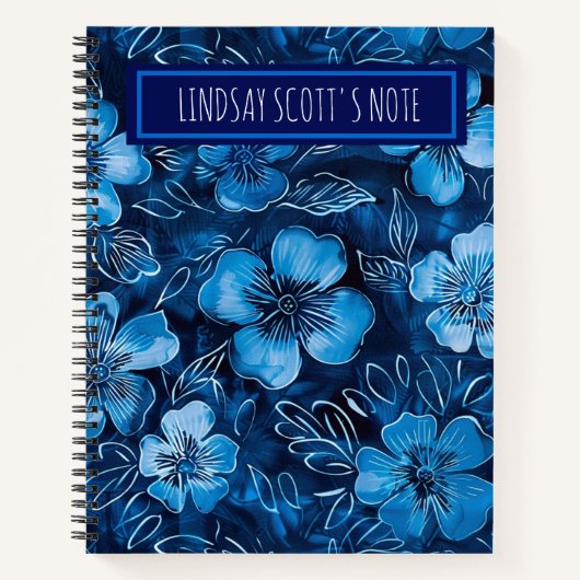 Trendy Blue Floral Custom Name Keepsake Notitieboe Notitieboek (Voorkant)