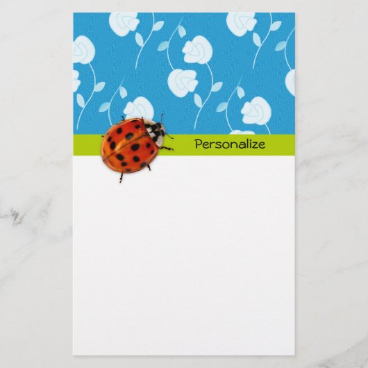 Trendy Blue Floral Ladybug met naam Briefpapier (Voorkant)