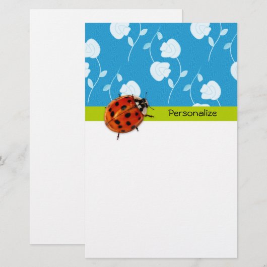 Trendy Blue Floral Ladybug met naam Briefpapier (Voorkant / Achterkant)