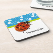 Trendy Blue Floral Ladybug met naam Drankjes Onderzetter (Linkerzijde)