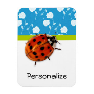 Trendy Blue Floral Ladybug met naam Magneet