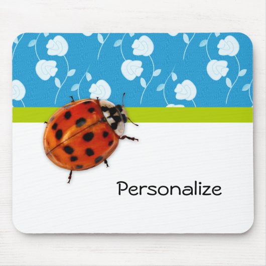 Trendy Blue Floral Ladybug met naam Muismat (Voorkant)