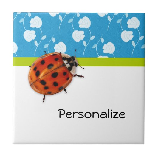 Trendy Blue Floral Ladybug met naam Tegeltje (Voorkant)