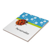 Trendy Blue Floral Ladybug met naam Tegeltje (Zijkant)