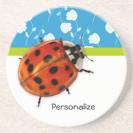 Trendy Blue Floral Ladybug met naam Zandsteen Onderzetter (Voorkant)