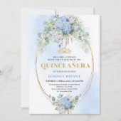 Trendy Blue Flowers Eucalyptus Quinceañera Invite Kaart (Voorkant)