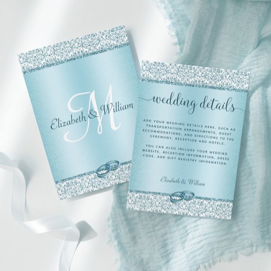 Trendy Blue Glitter Damask Wedding Details Informatiekaartje