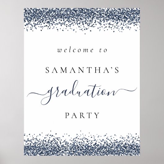Trendy Blue Glitter Welcome Graduparty Poster (Voorkant)