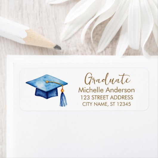 Trendy Blue Gold Afstuderen Retour Adreslabel Etiket (Insitu)