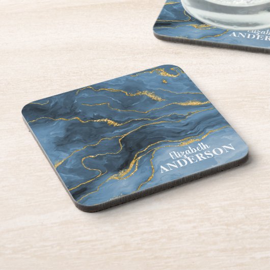 Trendy Blue Gold Agate Geode Marble Monogram Bier Onderzetter (Linkerzijde)