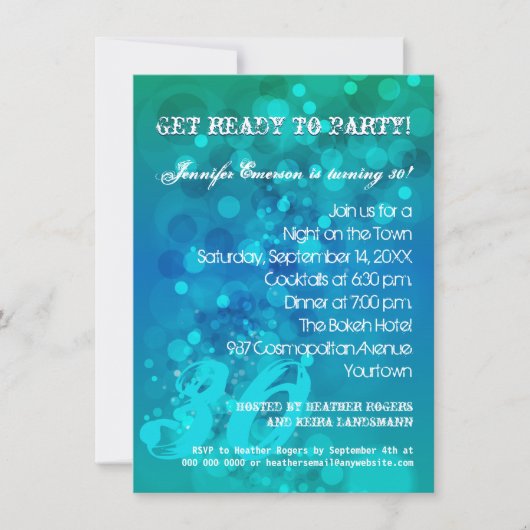 Trendy Blue Green Bokeh Party Invitation Kaart (Voorkant)