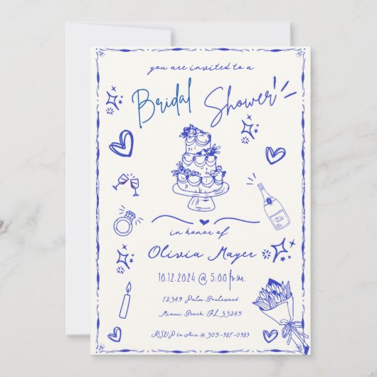 Trendy Blue Hand Drawn Scribble Fun Vrijgezellenfe Kaart (Voorkant)