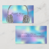 Trendy Blue Holographic Glitter Headphone DJ Visitekaartje (Voorkant / Achterkant)