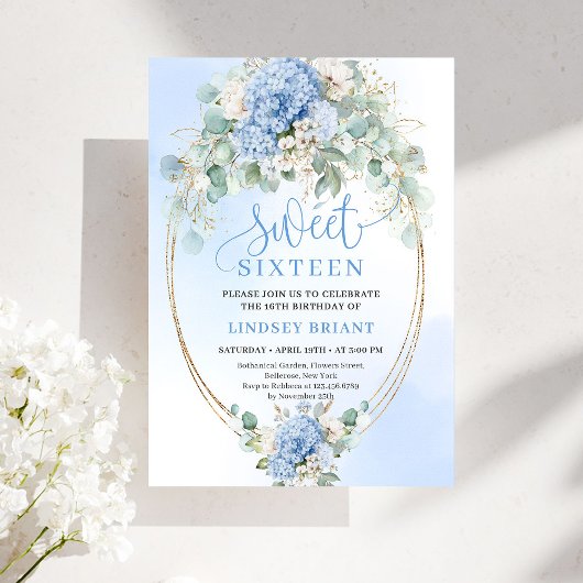 Trendy Blue Hydrangea Gold Sweet Sixteen Party  Kaart