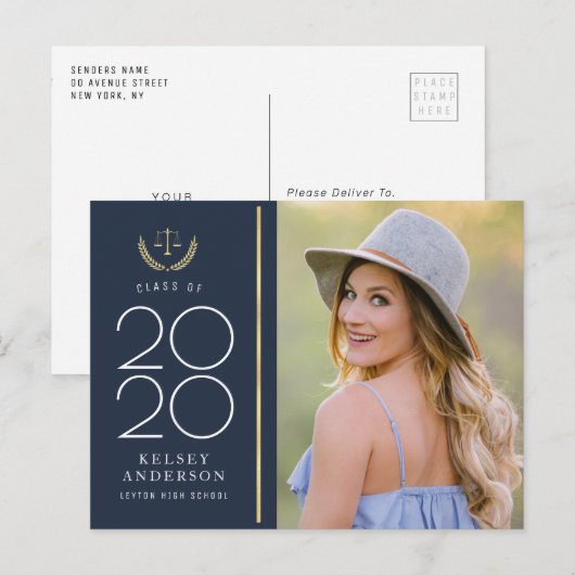Trendy Blue Law School afstuderen Aankondiging Briefkaart (Voorkant / Achterkant)