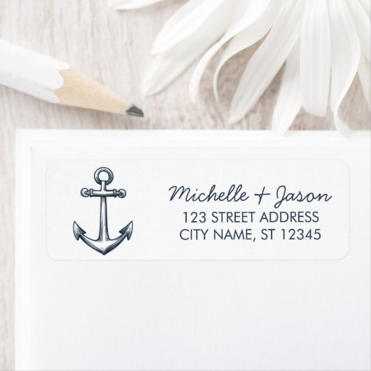 Trendy Blue Nautical Anchor Wedding Return Address Etiket (Insitu)
