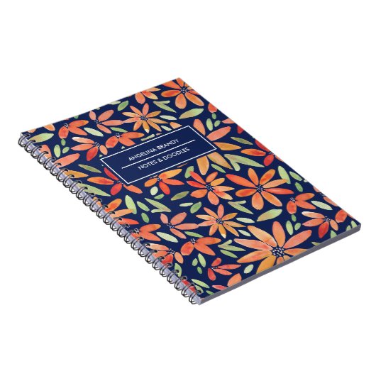 Trendy Blue & Oranje Waterverf Flower Notitieboek (Rechterzijde)