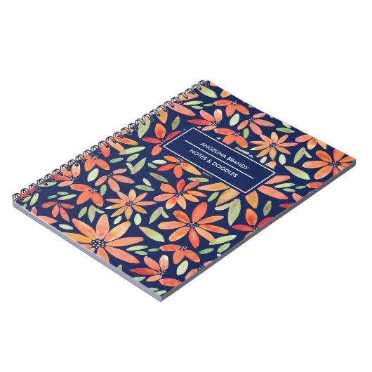 Trendy Blue & Oranje Waterverf Flower Notitieboek (Linkerzijde)