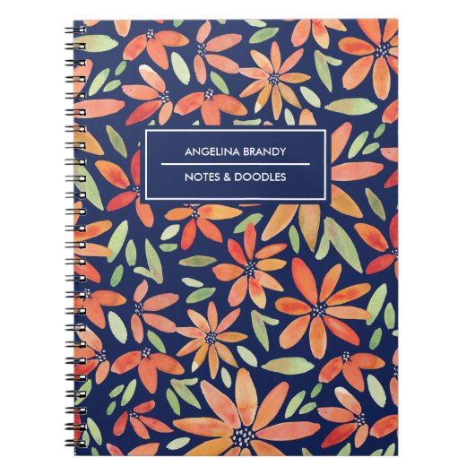 Trendy Blue & Oranje Waterverf Flower Notitieboek (Voorkant)